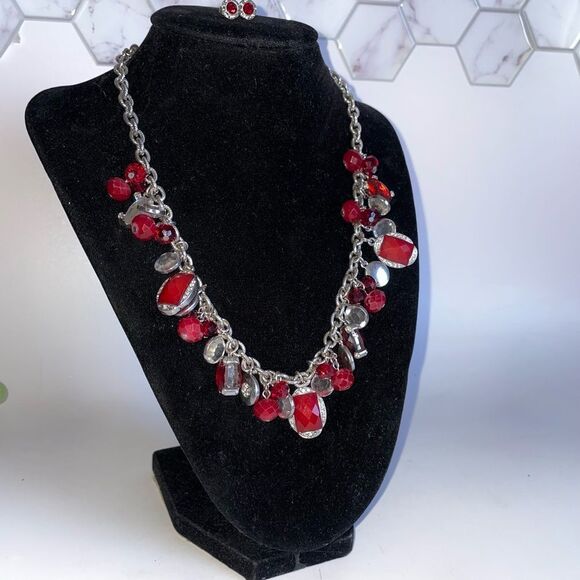 Elegant White House Black Market Set Red and Silver Necklace & Earrings - Picture 1 of 5